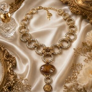 Artisan RUBYRUDI Gold-Tone Crystal Link Necklace w/Amber Oval Pendant Upcycled